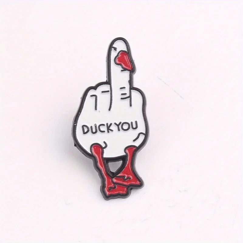 Sassy Duck Hand "DUCK YOU" Enamel Pin - Edgy Humor Accessory with Red Beak & Middle Finger Gesture