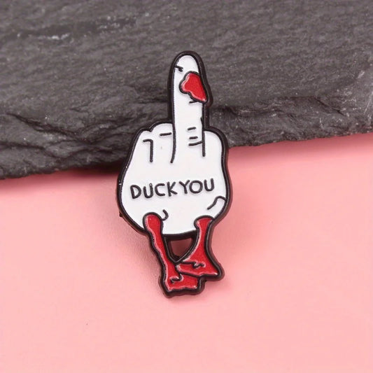 Sassy Duck Hand "DUCK YOU" Enamel Pin - Edgy Humor Accessory with Red Beak & Middle Finger Gesture
